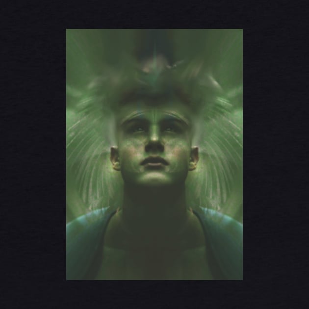 Portrait, digital collage, special processing. Dark, strong. Guy face looking up high. Fantasy. Green, energy flows. by 234TeeUser234